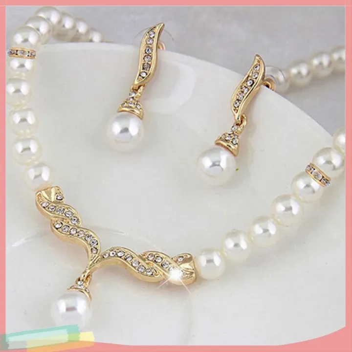 【HOMP】SAWU Bridal Women Necklace Faux Pearl Rhinestone Charms Wedding Earrings Jewelry Set