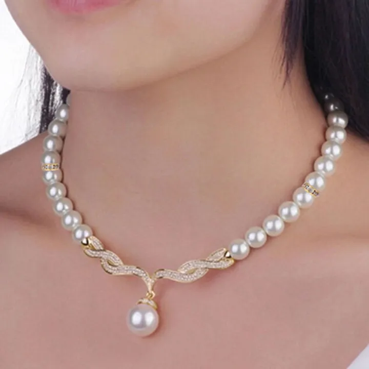 【HOMP】SAWU Bridal Women Necklace Faux Pearl Rhinestone Charms Wedding Earrings Jewelry Set