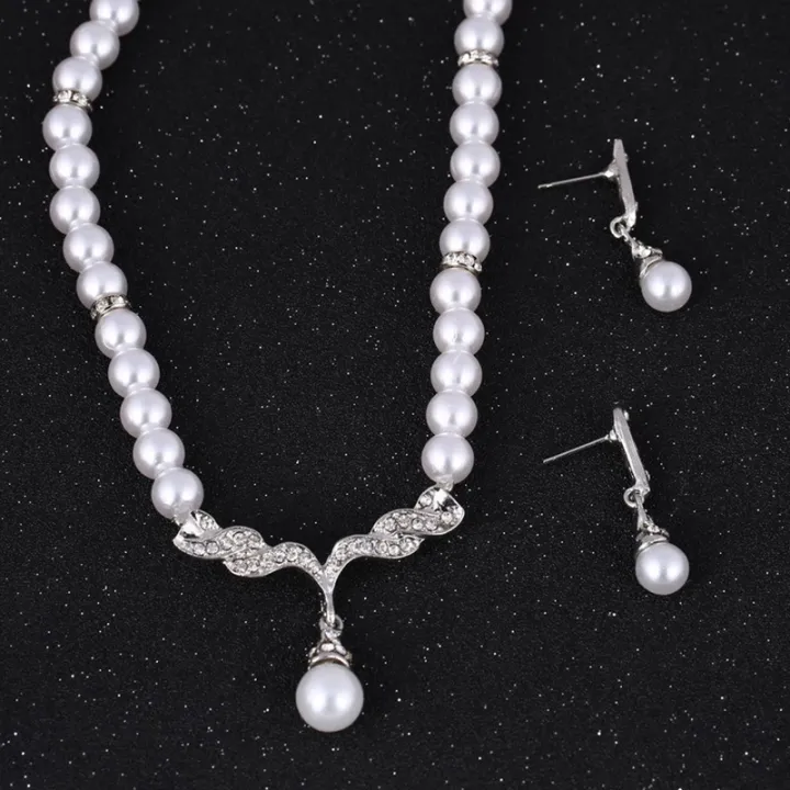 【HOMP】SAWU Bridal Women Necklace Faux Pearl Rhinestone Charms Wedding Earrings Jewelry Set