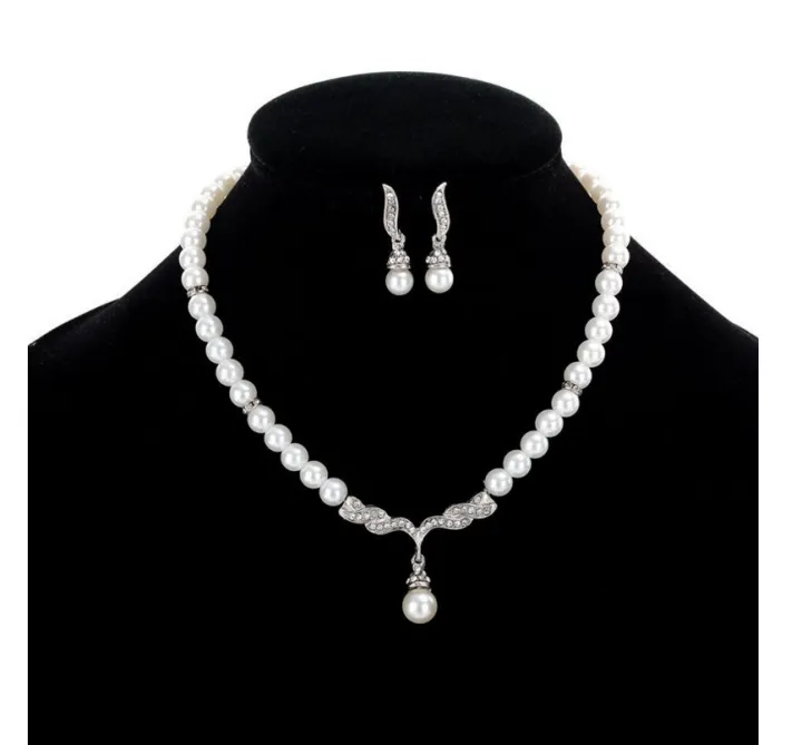 【HOMP】SAWU Bridal Women Necklace Faux Pearl Rhinestone Charms Wedding Earrings Jewelry Set