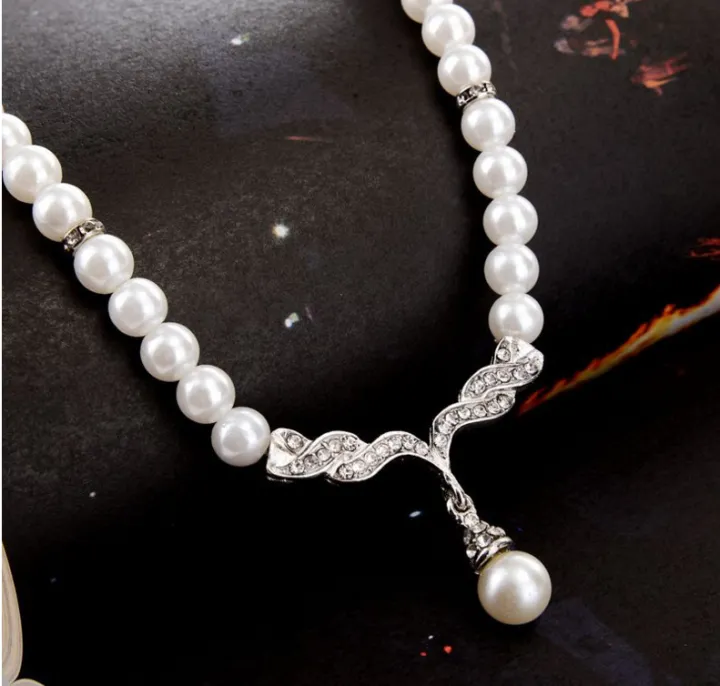 【HOMP】SAWU Bridal Women Necklace Faux Pearl Rhinestone Charms Wedding Earrings Jewelry Set