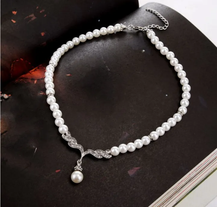 【HOMP】SAWU Bridal Women Necklace Faux Pearl Rhinestone Charms Wedding Earrings Jewelry Set