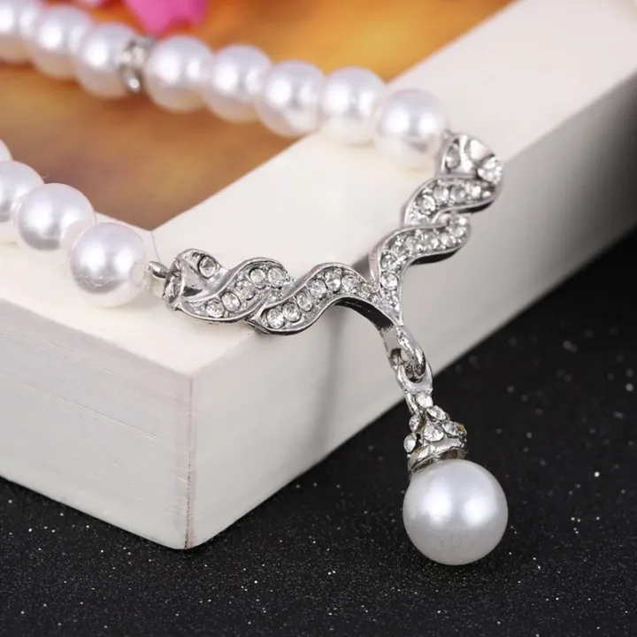 【HOMP】SAWU Bridal Women Necklace Faux Pearl Rhinestone Charms Wedding Earrings Jewelry Set
