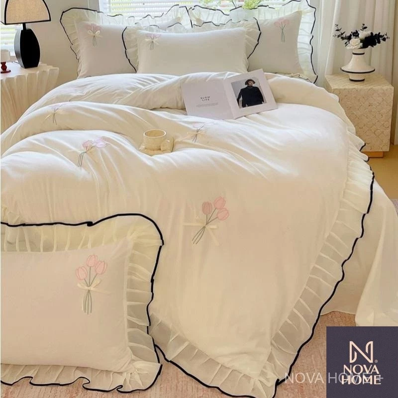 Fairy Princess Style Bedding Kit Washed Cotton Lace Yarn Three-Dimensional Flower Embroidery Bed Skirt/Bed Sheet+Quilt