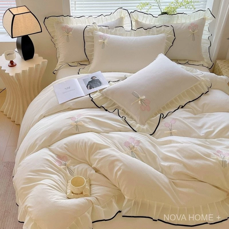 Fairy Princess Style Bedding Kit Washed Cotton Lace Yarn Three-Dimensional Flower Embroidery Bed Skirt/Bed Sheet+Quilt