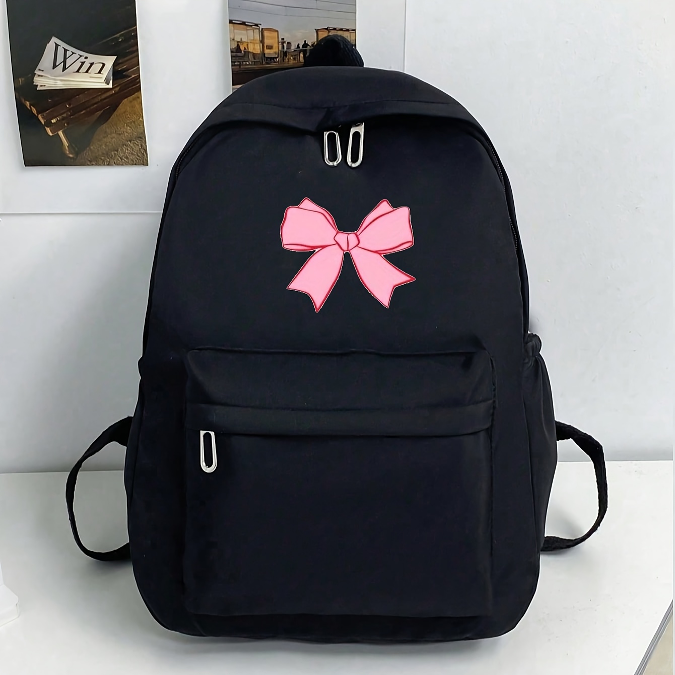 MELODIX Student Backpack, Adjustable Strap Nylon Women's Backpack, Portable Large Capacity Bow Printed Women Schoolbag Outdoor
