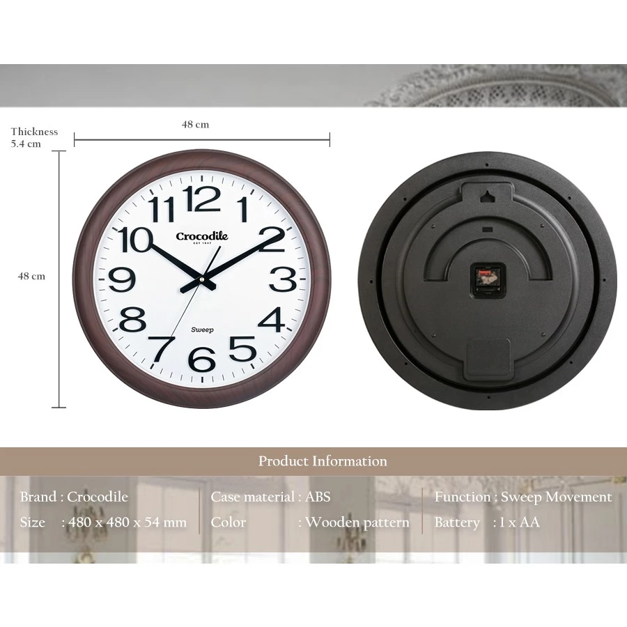 Crocodile 48 x 5.4 cm Classical Sweep Movement Wooden Pattern 3D Arabic Numeral Round Shape Wall Clock model CW8922