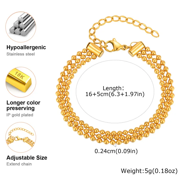 Vnox Stylish Gold-Tone Beaded Chain Bracelet for Women, Layered Charm Wristband, Perfect Fashion Jewelry for Birthday Gifts