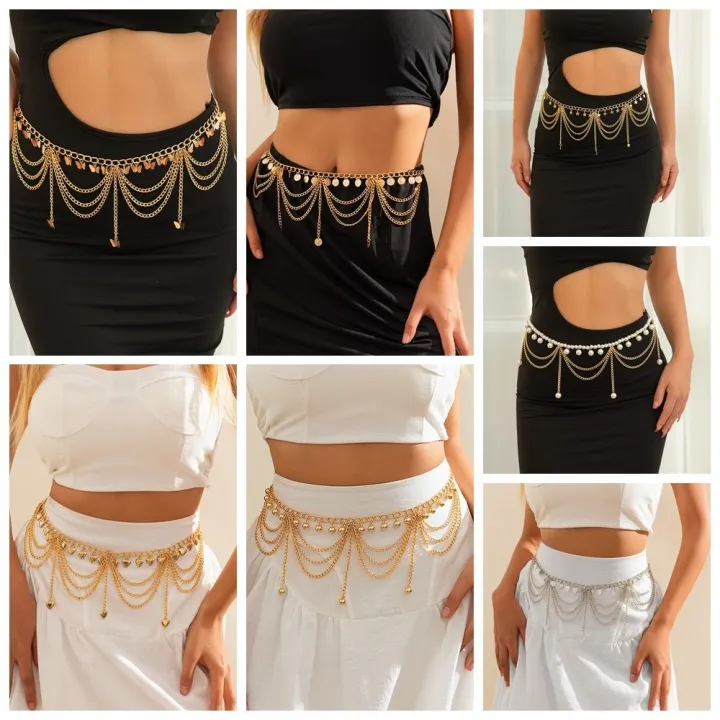 SALTBLOOM Silver Metal Body Chain Body Jewelry Gold Pearl Tassel Waist Chain Tassels Star Women