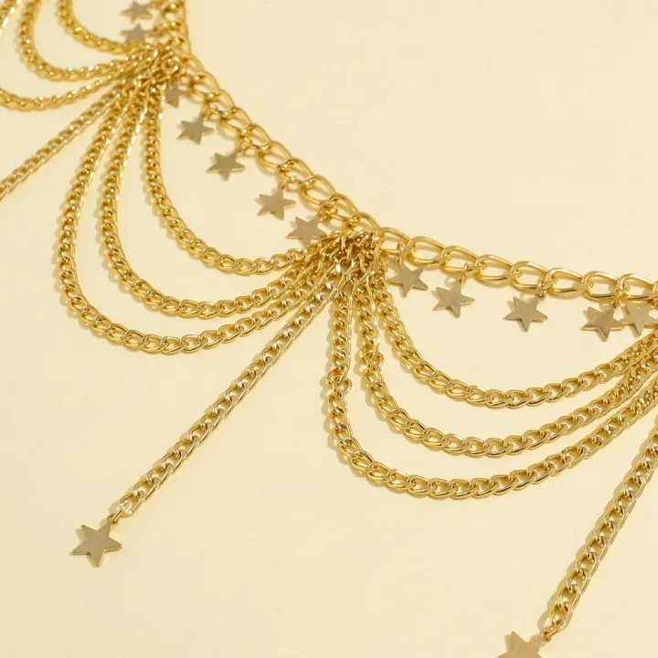 SALTBLOOM Silver Metal Body Chain Body Jewelry Gold Pearl Tassel Waist Chain Tassels Star Women