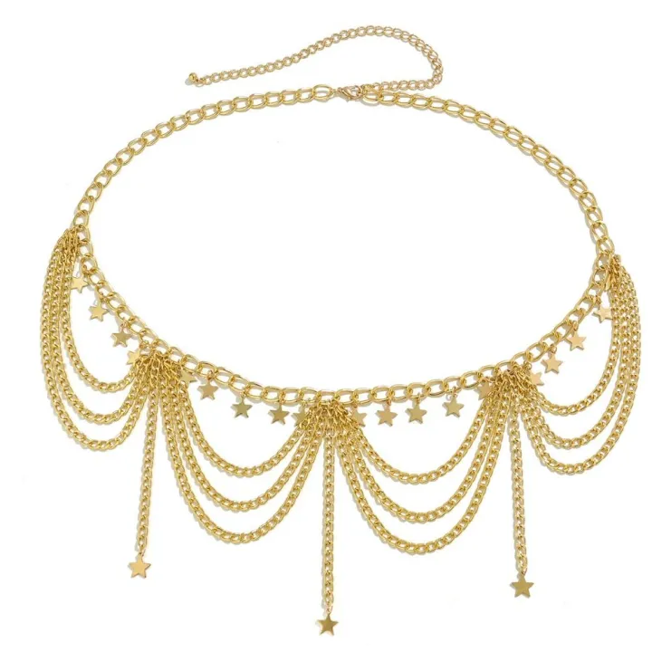 SALTBLOOM Silver Metal Body Chain Body Jewelry Gold Pearl Tassel Waist Chain Tassels Star Women