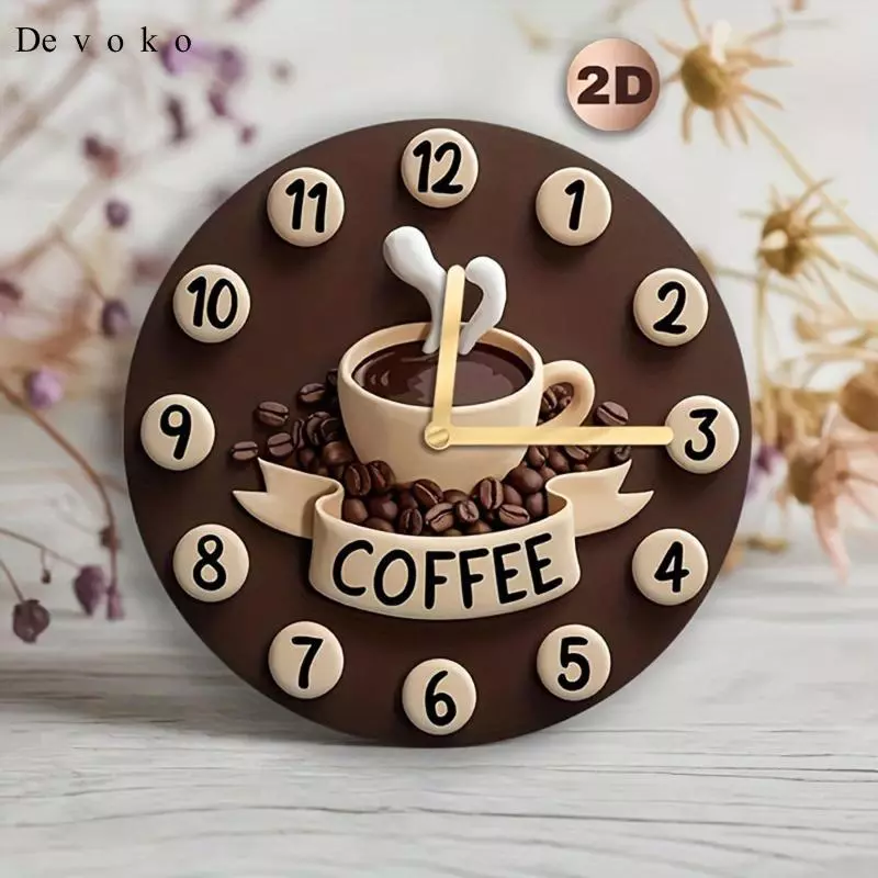 Devoko Coffee Cup Clock Hanges Ornament Wall Decor, 2D Centerpiece, Home Decoration,
