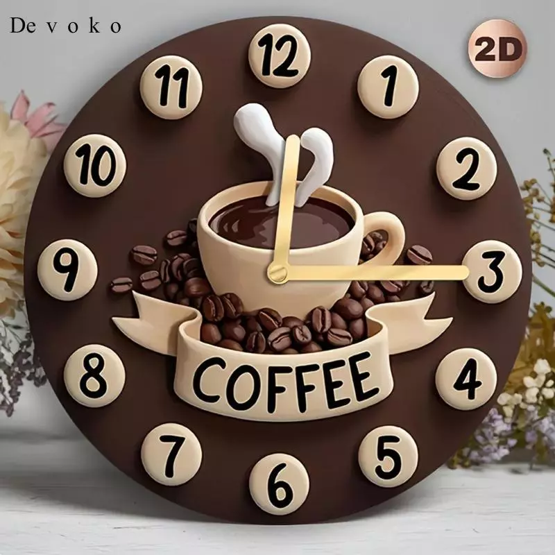 Devoko Coffee Cup Clock Hanges Ornament Wall Decor, 2D Centerpiece, Home Decoration,