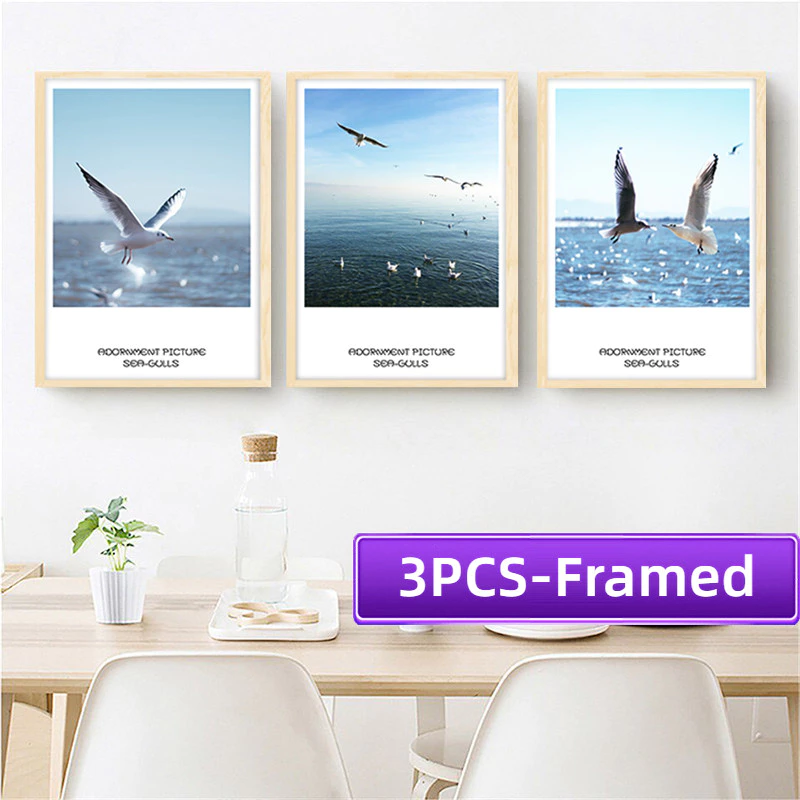 A4/A3 Frame 3PCS Monet Abstract Starry Sky Poster Beautiful Landscape Canvas Seagull Ocean Picture Ferris Wheel Big Ben Eiffel