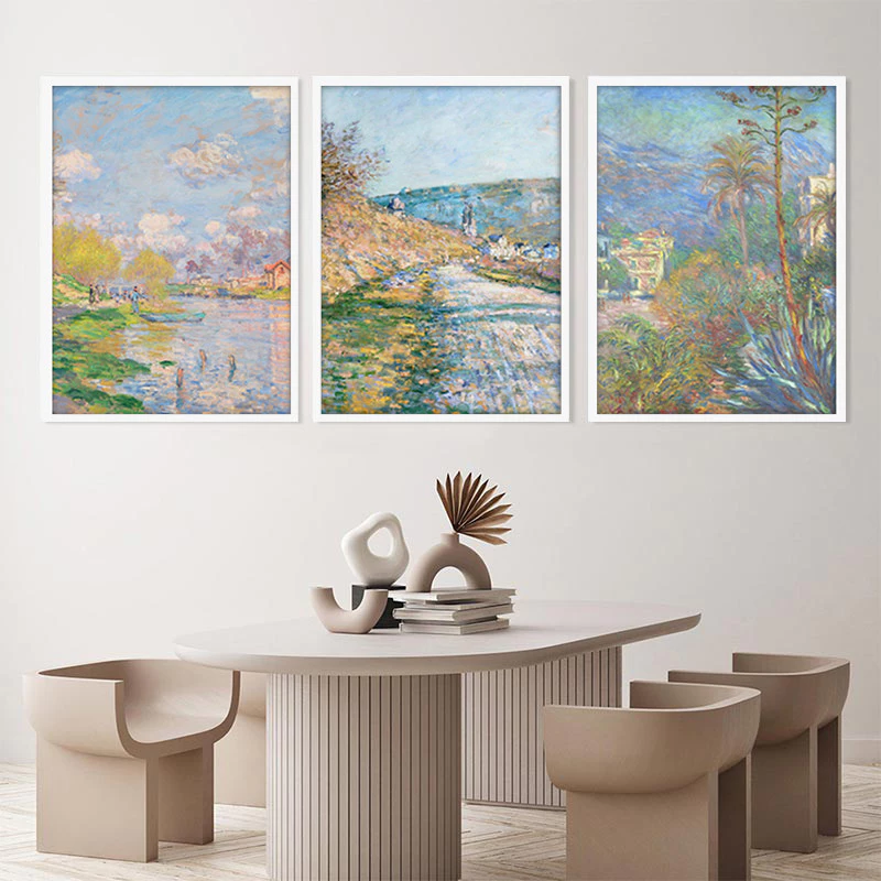 A4/A3 Frame 3PCS Monet Abstract Starry Sky Poster Beautiful Landscape Canvas Seagull Ocean Picture Ferris Wheel Big Ben Eiffel