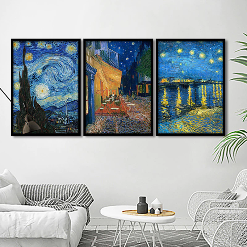 A4/A3 Frame 3PCS Monet Abstract Starry Sky Poster Beautiful Landscape Canvas Seagull Ocean Picture Ferris Wheel Big Ben Eiffel