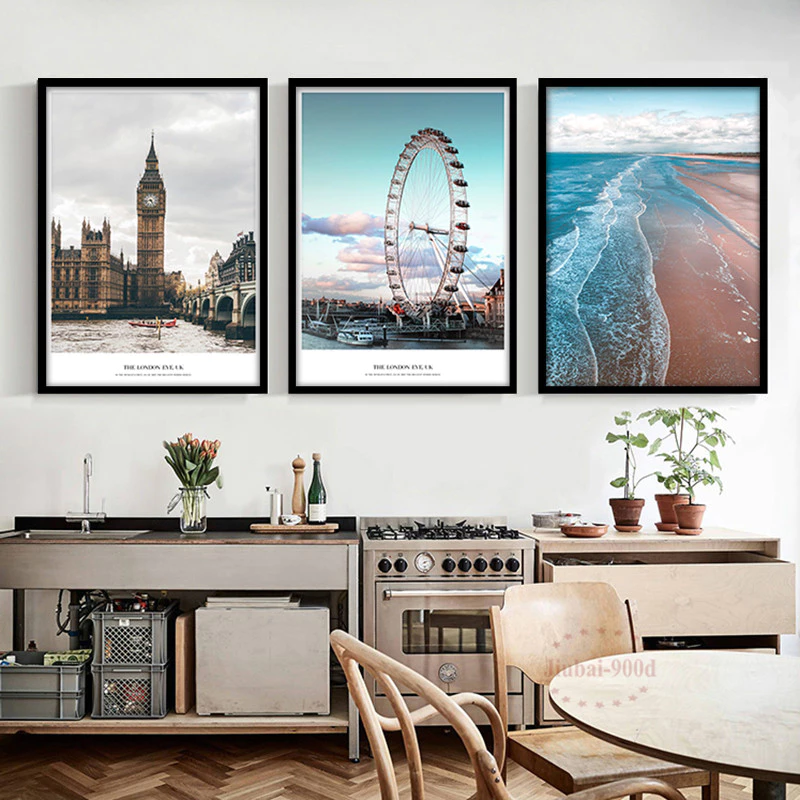 A4/A3 Frame 3PCS Monet Abstract Starry Sky Poster Beautiful Landscape Canvas Seagull Ocean Picture Ferris Wheel Big Ben Eiffel