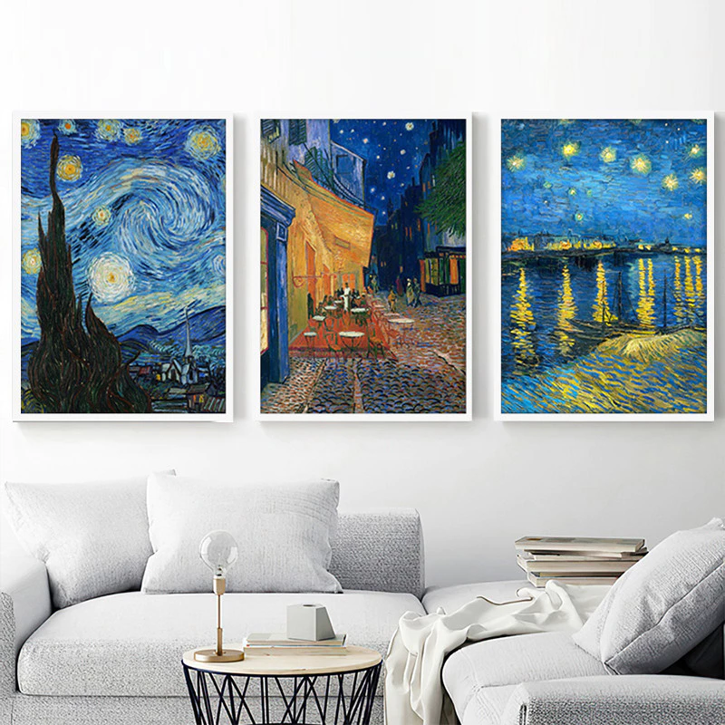 A4/A3 Frame 3PCS Monet Abstract Starry Sky Poster Beautiful Landscape Canvas Seagull Ocean Picture Ferris Wheel Big Ben Eiffel