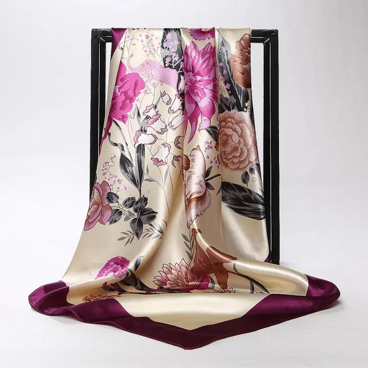 Female Big Square Towel Silk Satin Scarf Sunscreen Shawl Multi-Use Bag Professional Fashion Floral Shiny Lady Women Muslim Hijab 90cm (35.4Inches)