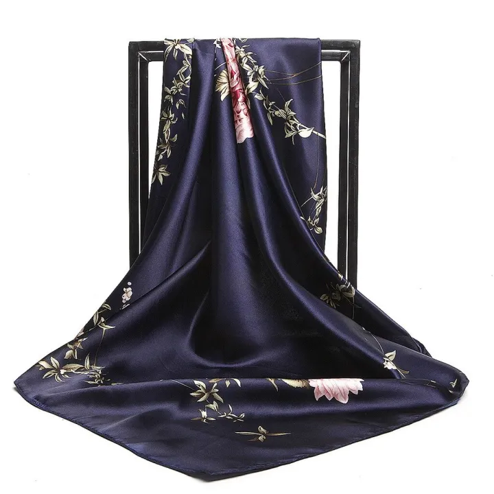 90cm Tudung Bawal Big Square Silk Scarf Shawl In Summer All-Match Dual-Purpose Satin Gift Stylish Floral Hijab Pashima Bandana
