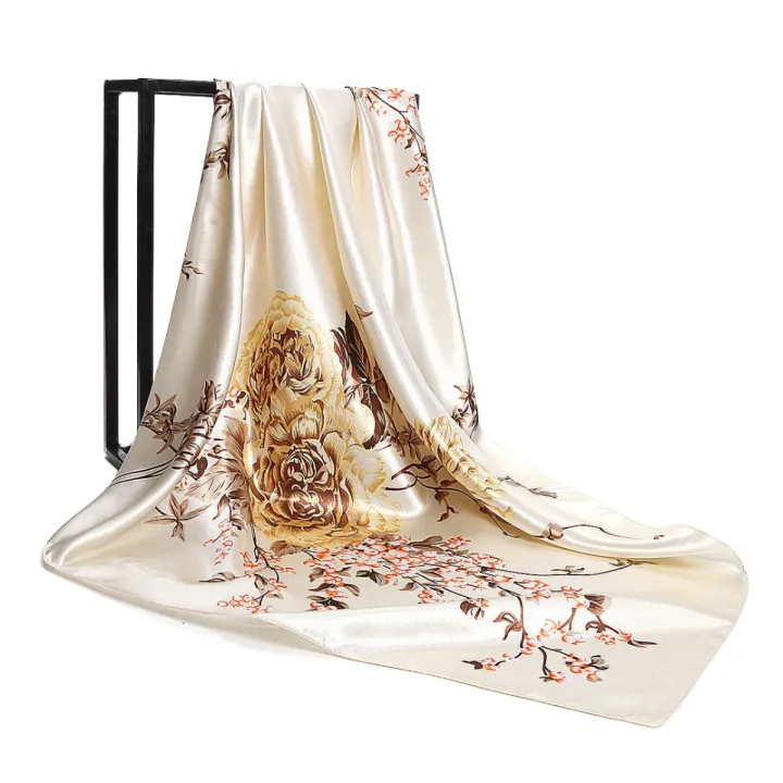 90cm Tudung Bawal Big Square Silk Scarf Shawl In Summer All-Match Dual-Purpose Satin Gift Stylish Floral Hijab Pashima Bandana