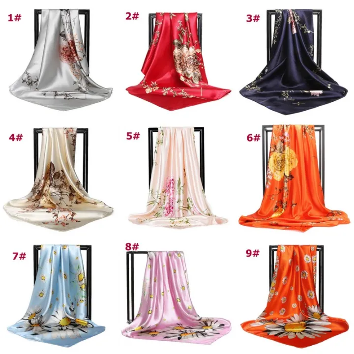 90cm Tudung Bawal Big Square Silk Scarf Shawl In Summer All-Match Dual-Purpose Satin Gift Stylish Floral Hijab Pashima Bandana