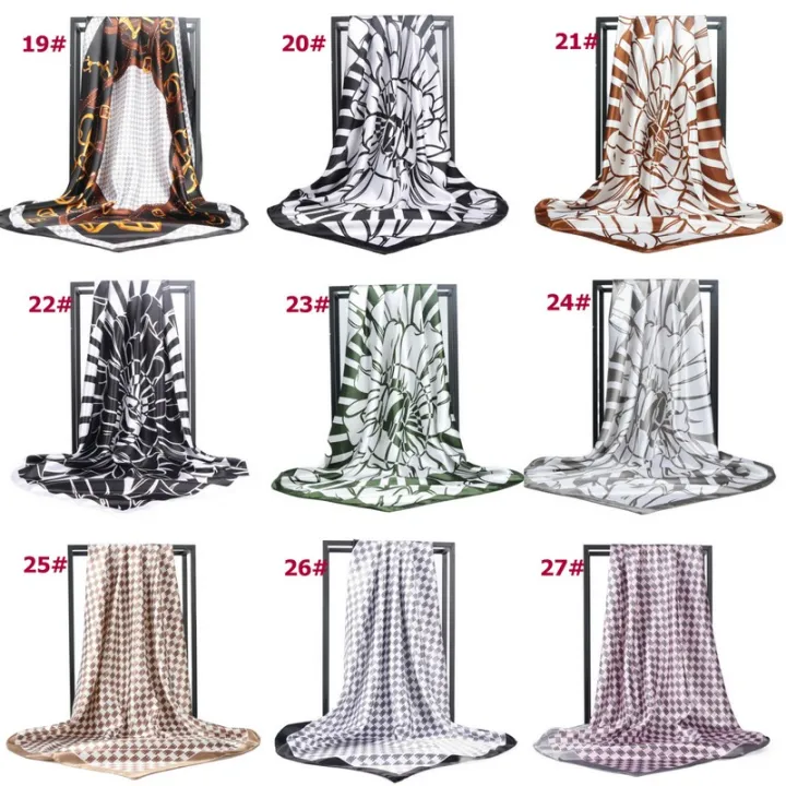 90cm Tudung Bawal Big Square Silk Scarf Shawl In Summer All-Match Dual-Purpose Satin Gift Stylish Floral Hijab Pashima Bandana