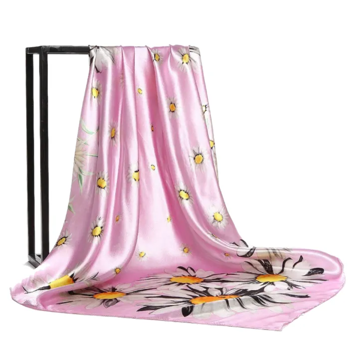 90cm Tudung Bawal Big Square Silk Scarf Shawl In Summer All-Match Dual-Purpose Satin Gift Stylish Floral Hijab Pashima Bandana