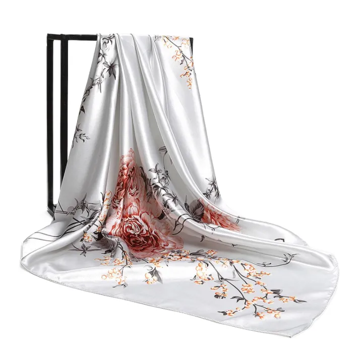 90cm Tudung Bawal Big Square Silk Scarf Shawl In Summer All-Match Dual-Purpose Satin Gift Stylish Floral Hijab Pashima Bandana