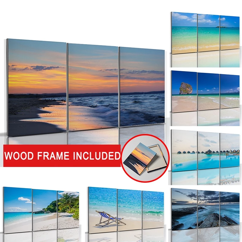 （With Frame）Set of 3 large size 50x70cm Frame Seaside Scenery Poster Sunrise Dusk Canvas Painting Living Room Decor Wall Painting
