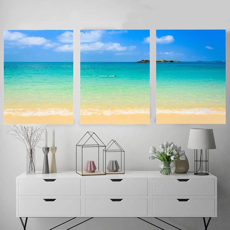 （With Frame）Set of 3 large size 50x70cm Frame Seaside Scenery Poster Sunrise Dusk Canvas Painting Living Room Decor Wall Painting