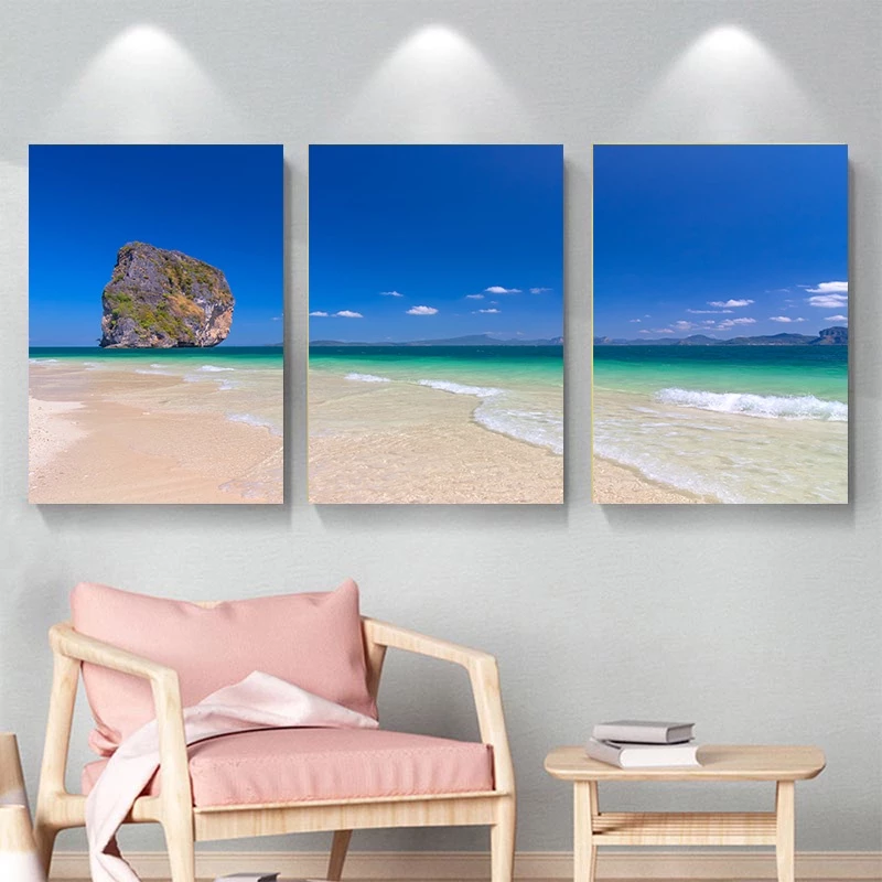 （With Frame）Set of 3 large size 50x70cm Frame Seaside Scenery Poster Sunrise Dusk Canvas Painting Living Room Decor Wall Painting
