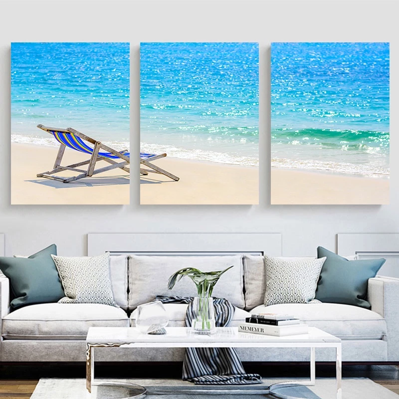 （With Frame）Set of 3 large size 50x70cm Frame Seaside Scenery Poster Sunrise Dusk Canvas Painting Living Room Decor Wall Painting