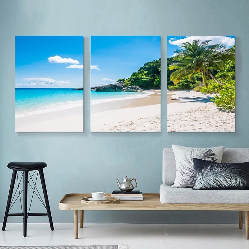 （With Frame）Set of 3 large size 50x70cm Frame Seaside Scenery Poster Sunrise Dusk Canvas Painting Living Room Decor Wall Painting