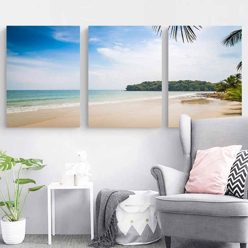 （With Frame）Set of 3 large size 50x70cm Frame Seaside Scenery Poster Sunrise Dusk Canvas Painting Living Room Decor Wall Painting