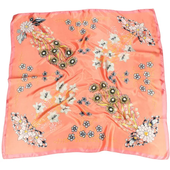 90cm Satin Tudung Print Large Square Scarf Elegant Floral All-match Lady Imitation Silk Scarf Bandana Tops