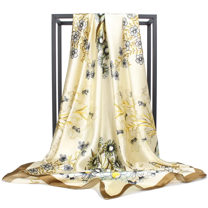 90cm Satin Tudung Print Large Square Scarf Elegant Floral All-match Lady Imitation Silk Scarf Bandana Tops