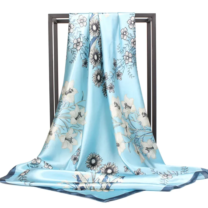 90cm Satin Tudung Print Large Square Scarf Elegant Floral All-match Lady Imitation Silk Scarf Bandana Tops