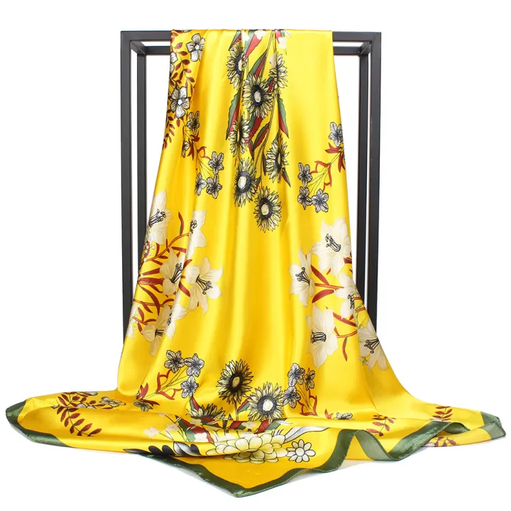 90cm Satin Tudung Print Large Square Scarf Elegant Floral All-match Lady Imitation Silk Scarf Bandana Tops