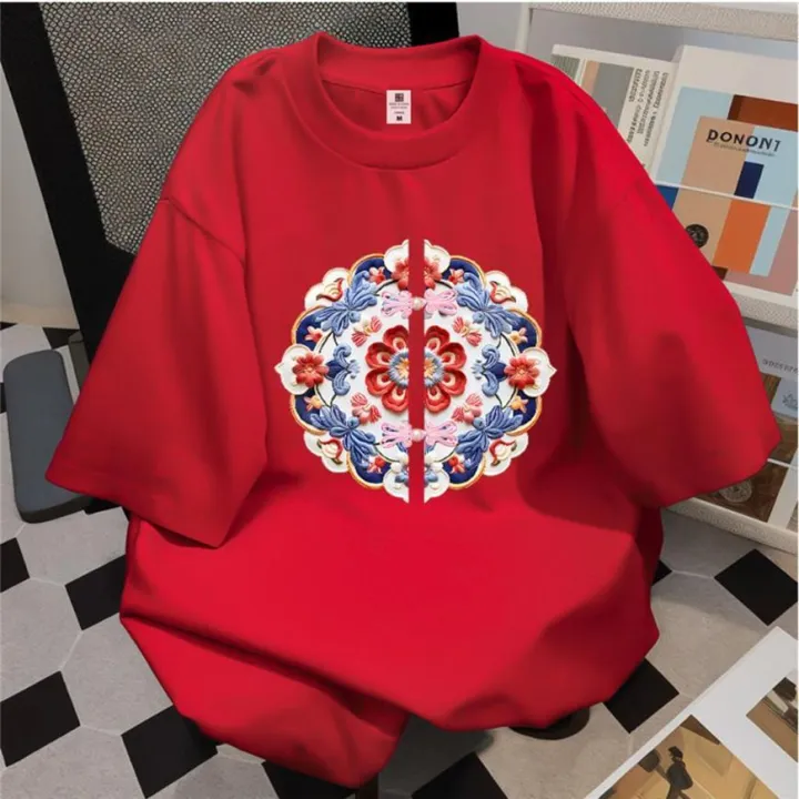 Muslim uD83D uDD25 uD83D uDC55 2025 CNY Happy New Year T-shirt Chinese Unisex Style Cotton T Shirt Women Short Sleeve Loose Tees Men Baju Perempuan▃COD