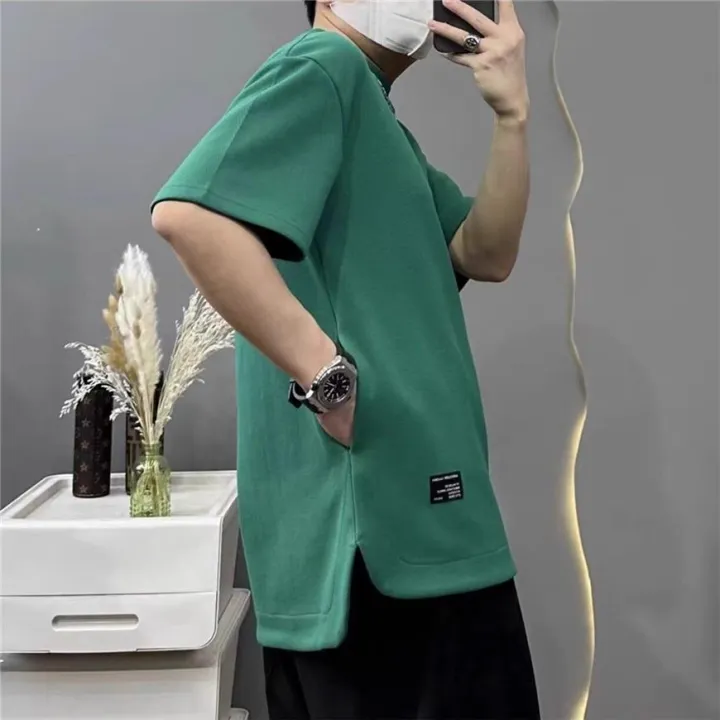 Muslim Veidoo waffle Personalized hidden pocket T Shirt Men Oversize Round Neck Tshirt Man Korean Style unisex Plain Solid Color Tee☀COD