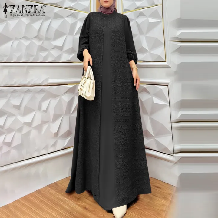 ZANZEA Muslimah Women Muslim Fashion Long Sleeve Fake Two Pieces Dresses O Neck Maxi Plain Dress #0324