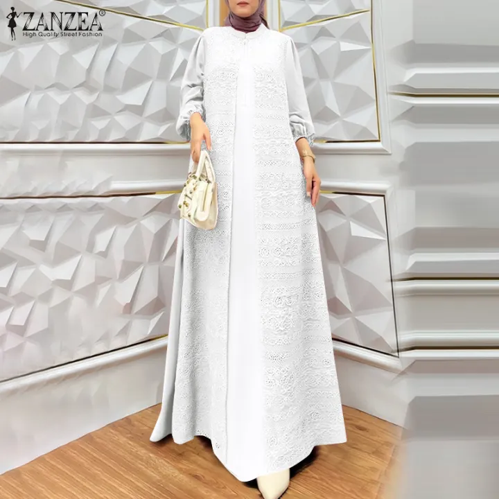 ZANZEA Muslimah Women Muslim Fashion Long Sleeve Fake Two Pieces Dresses O Neck Maxi Plain Dress #0324