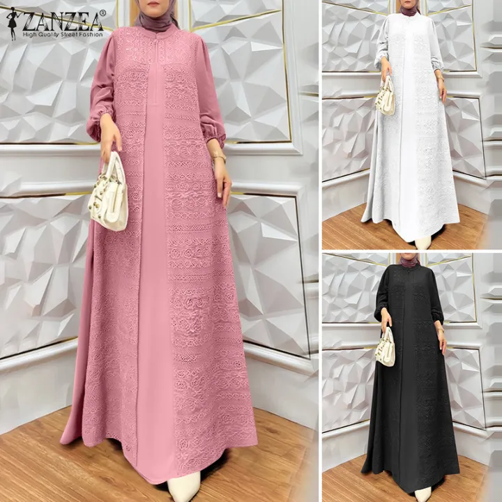 ZANZEA Muslimah Women Muslim Fashion Long Sleeve Fake Two Pieces Dresses O Neck Maxi Plain Dress #0324