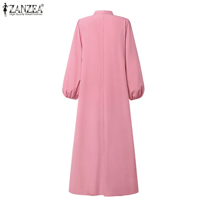 ZANZEA Muslimah Women Muslim Fashion Long Sleeve Fake Two Pieces Dresses O Neck Maxi Plain Dress #0324