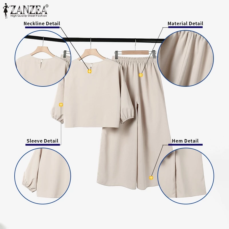 ZANZEA Women Vintage Fashion Shrunken Pleats Lantern Sleeves Round Neck Loose TopsTrousers