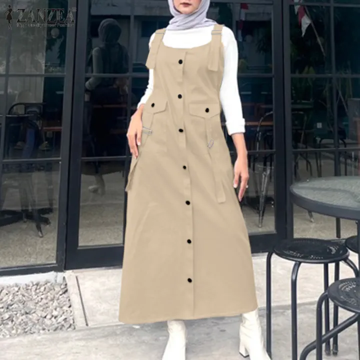 HijabFab ZANZEA Muslimah Women Muslim Fashion Overalls Dress Summer Spaghetti Strap Sundress Vintage Casual Mid-calf Kaftans Robe