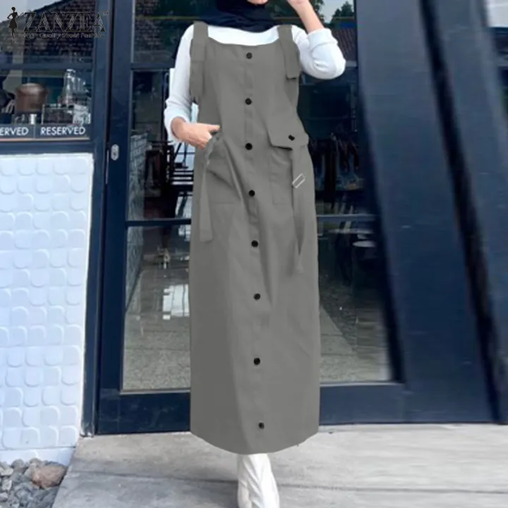 HijabFab ZANZEA Muslimah Women Muslim Fashion Overalls Dress Summer Spaghetti Strap Sundress Vintage Casual Mid-calf Kaftans Robe