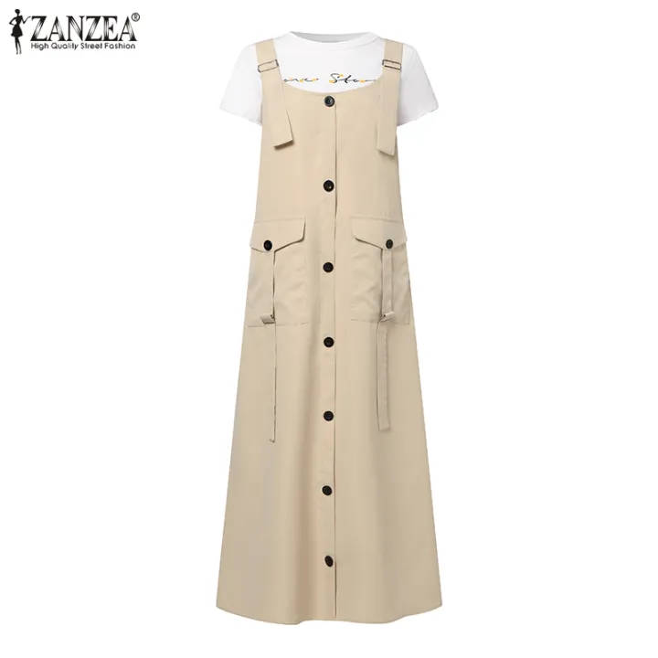 HijabFab ZANZEA Muslimah Women Muslim Fashion Overalls Dress Summer Spaghetti Strap Sundress Vintage Casual Mid-calf Kaftans Robe
