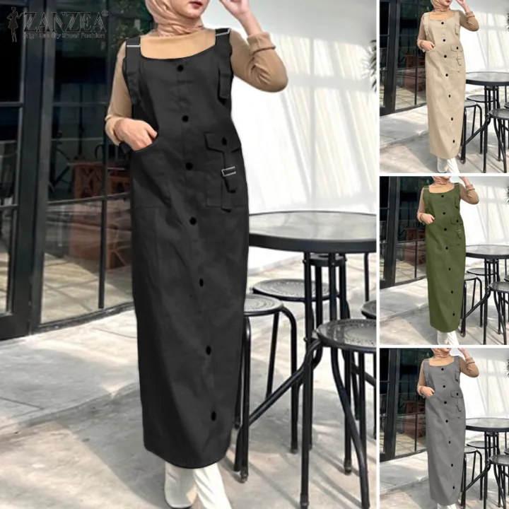 HijabFab ZANZEA Muslimah Women Muslim Fashion Overalls Dress Summer Spaghetti Strap Sundress Vintage Casual Mid-calf Kaftans Robe